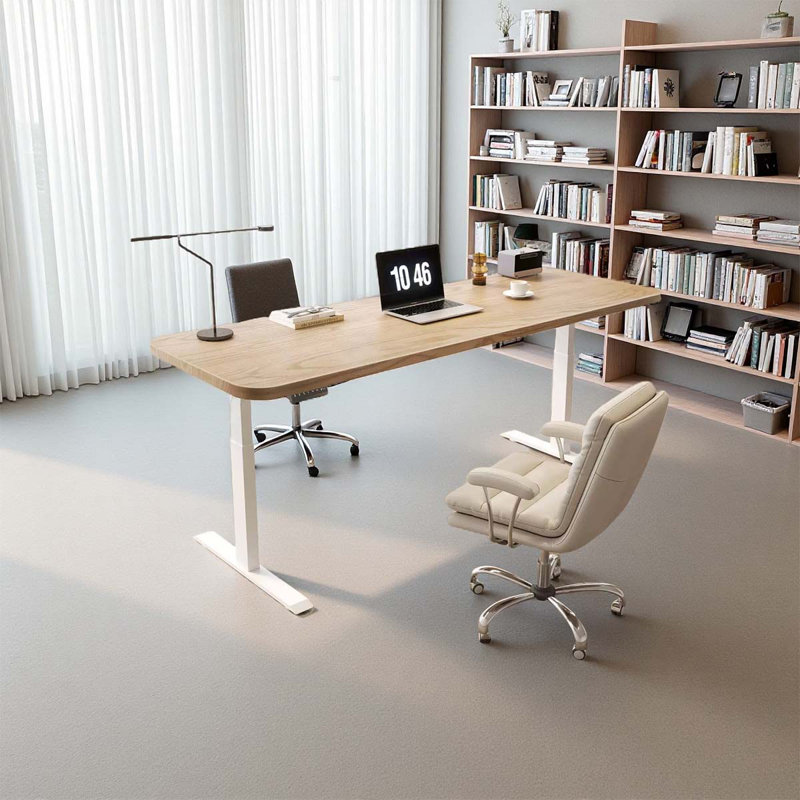 A long solid wood height-adjustable office desk, 24.8" H x 70.87" W x 27.56" D