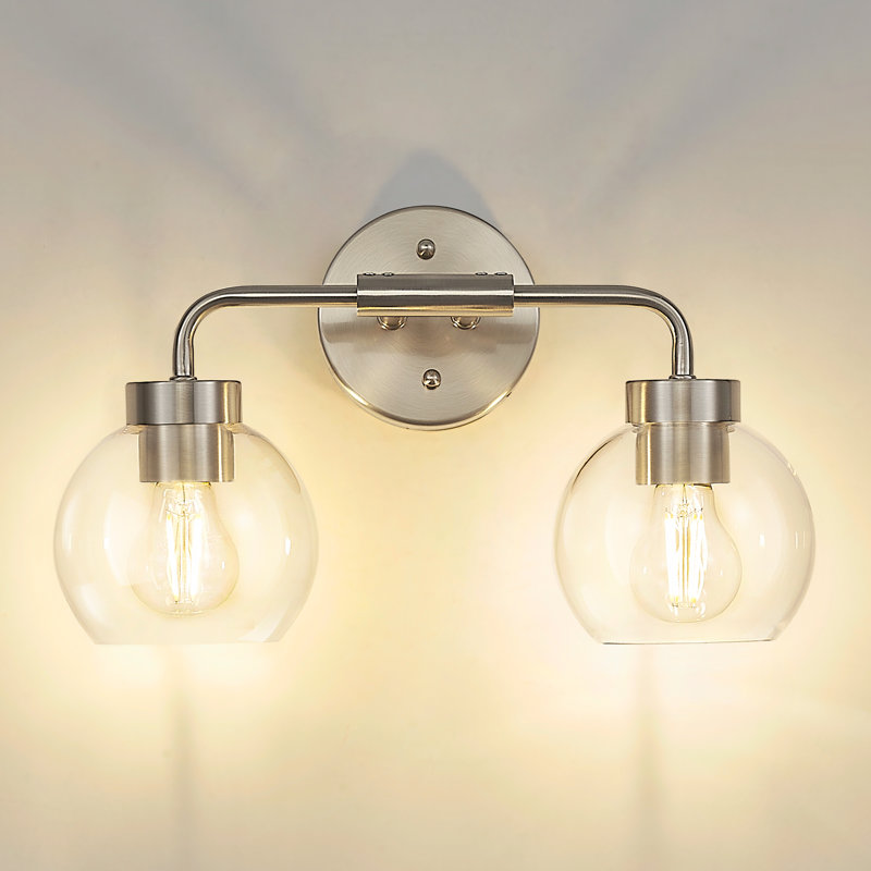 16 Inch 2-Light Farmhouse Vanity Light, Clear Glass Globe Shade, Brushed Nickel, 2 Lights , Brushed Nickel