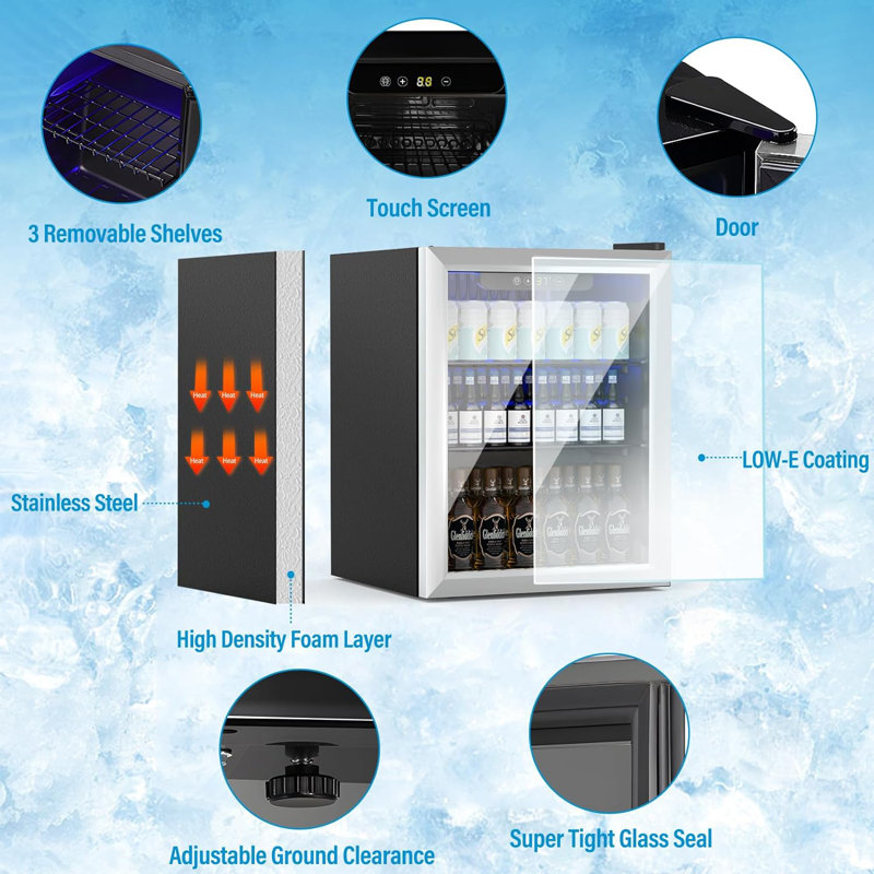 Beverage Refrigerator Cooler, 70 Can/1.6 Cubic Feet Mini Fridge with Glass Front Door, Digital Display Small Refrigerator with Adjustable Shelves for Soda, Beer or Wine