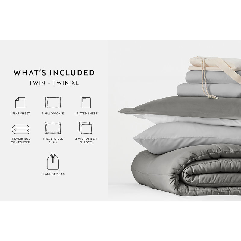 8-PC College Dorm Twin XL Bedding Bundle - Comforter Set, Sheet Set, Pillows and Laundry Bag, Gray / Light Gray