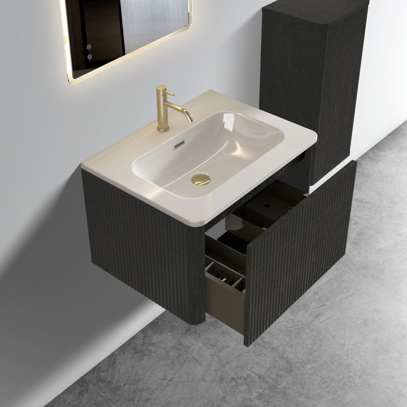 Meuble-lavabo de salle de bain 24 po - Chêne noir rayé, lavabo en céramique blanche, texture pratique en chêne, élégance