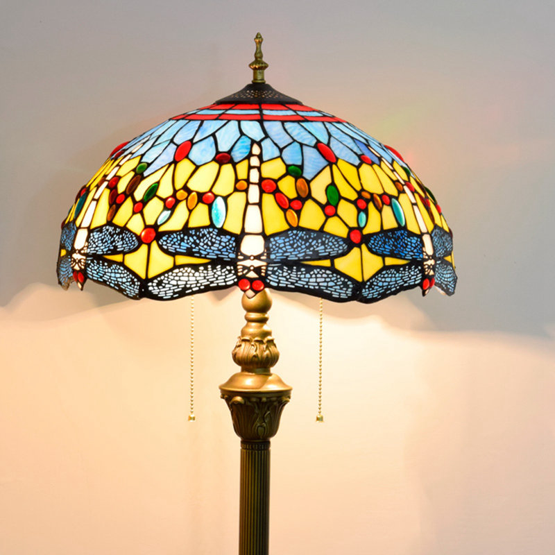 64"H Tiffany Style Floor Lamp with Stained Glass Shade and Resin Base, Dragonfly on Yellow Background