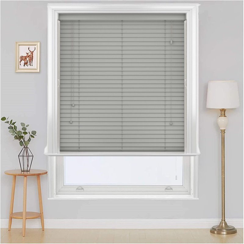 Modern PVC Faux Wood Venetian Window Blinds Moisture Resistant Corded Shades for Living Room Bedroom Kitchen, Grey