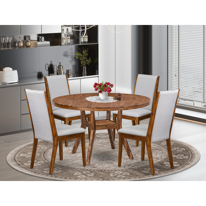 5-Pc Kitchen Set Includes a Pedestal Dining Table and 4 Grey Linen Fabric Parson Chairs with High Back - Antique Walnut Finish