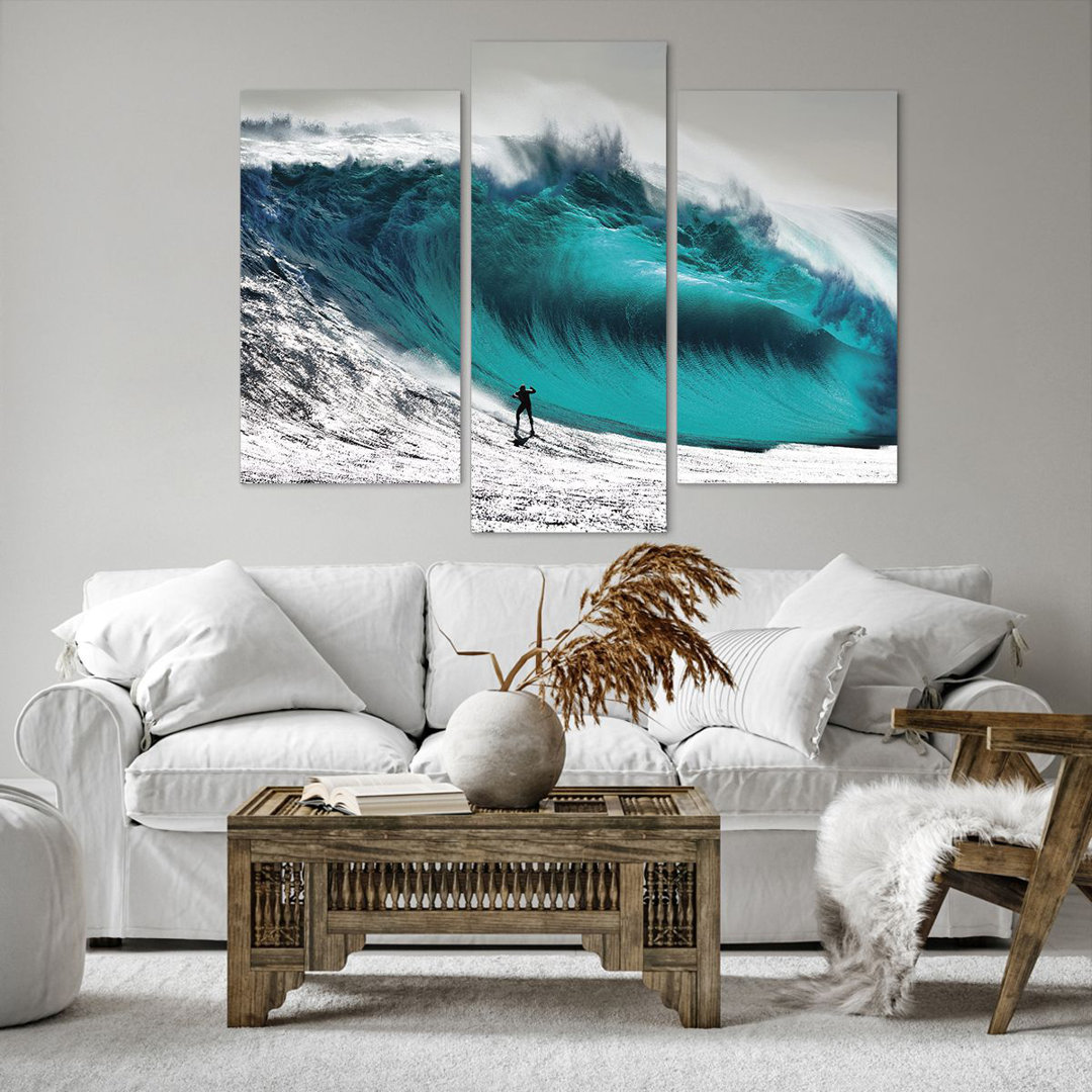 3-tlg. Leinwandbilder-Set Surfing Wave Turquoise