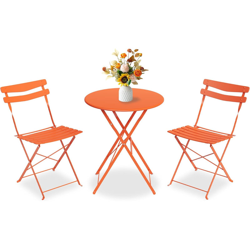 Ensemble bistro de patio 3 pièces, ensemble bistro de table bistro pliable et chaises, ensemble de mobilier d'extérieur pour terrasse, structure en métal, aucun assemblage requis, pour jardin de balcon, orange