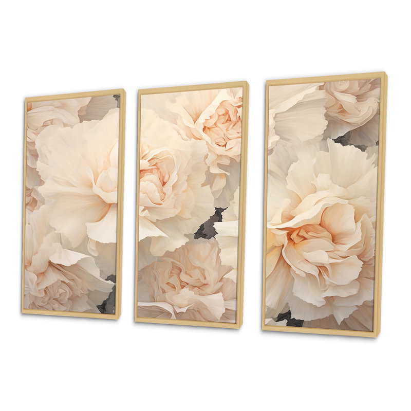 «Beige Carnations Arrangement V», ensemble d'art mural, H 40 po x l 60 po x P 1 po, Cadre naturel flottant