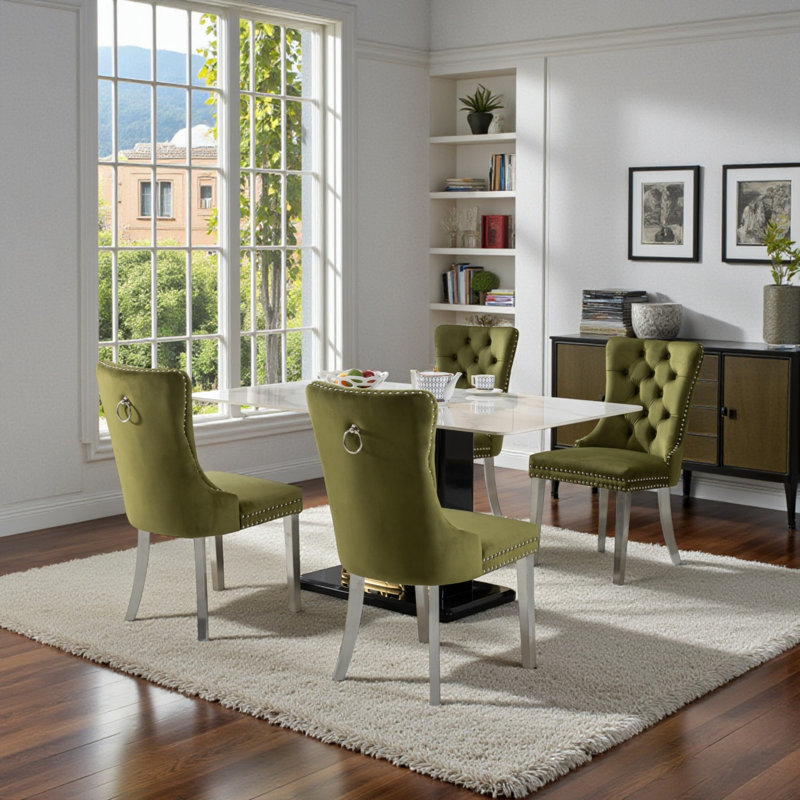 Chaises de salle à manger capitonnées en velours à oreilles, Nickel brossé, Vert mousse