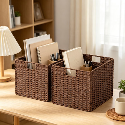 Paniers en osier tissés à la main pour le rangement, cubes en corde de papier pliables avec poignées, bacs de rangement carrés pour tablettes, placards et décoration intérieure, paquet de 2