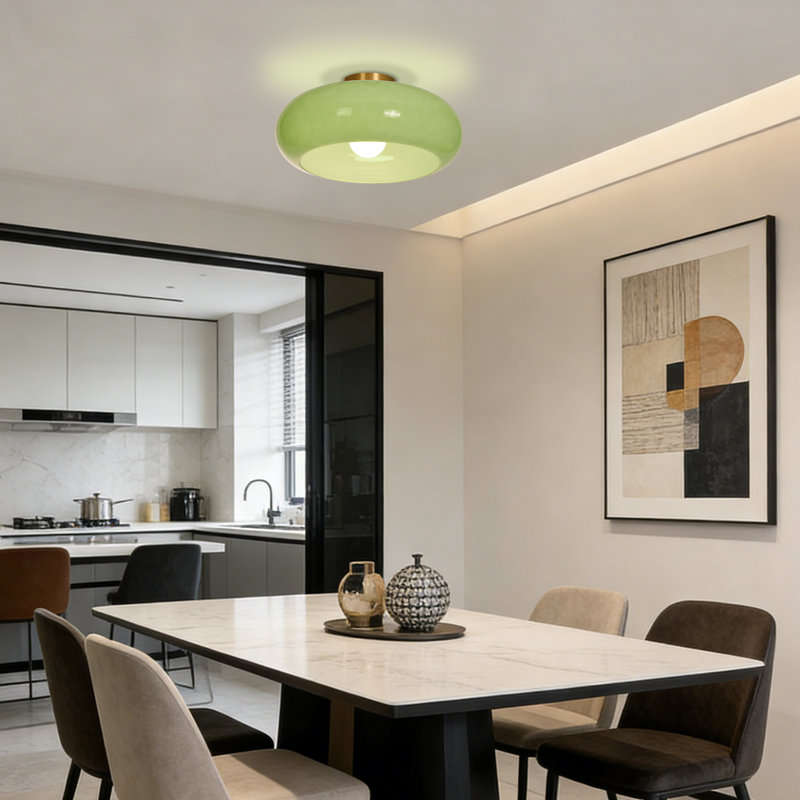 Modern Green Glass Flush Mount Ceiling Light with Gold Metal Base, 5.31" H x 15.75" W x  15.75" D
