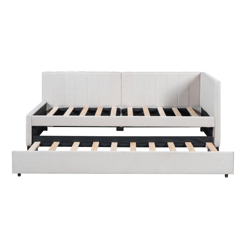 Upholstered Daybed With Trundle Twin Size Sofa Bed Frame No Box Spring Needed, Beige