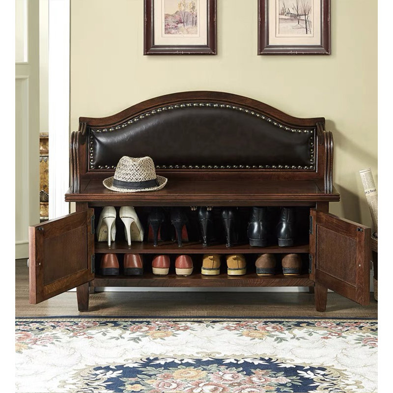 Traditional Solid Wood Shoe Bench with Leather Backrest, Brown