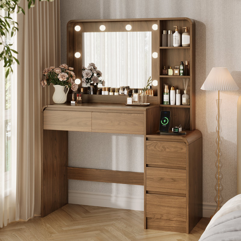Meuble-lavabo moderne en noyer de 39 po avec miroir à 3 lumières DEL réglables et station de charge multi-ports, 5 tiroirs et tablettes de rangement ouvertes