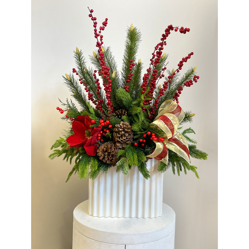 Holiday Floral Arrangement with Magnolias, Berries and Bows, Red/Green/Gold