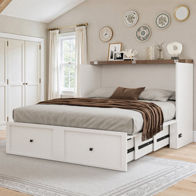Farmhouse Full Murphy Bed with Storage, Space Saving Wall Bed with USB Charging Station for Guest Room, White
