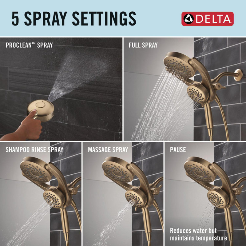 5-Setting HydroRain 2-in-1 Dual Shower Head with ProClean Spray, Champagne Bronze
