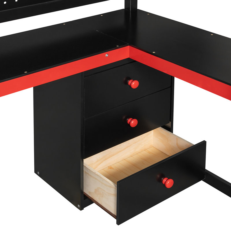 Aline Wooden Gaming Loft Bed with Storage Stairs, Desk, Shelves and Pegboard, Twin, Red/Black