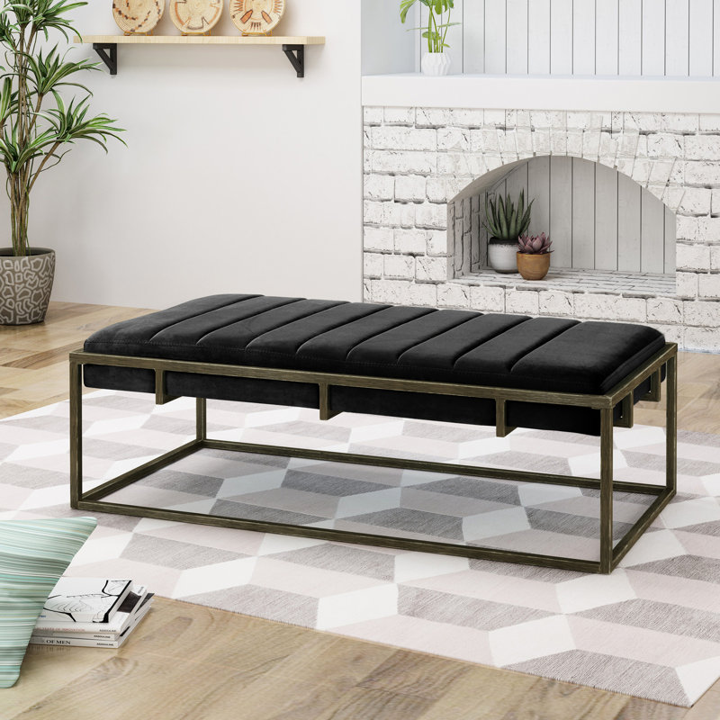 Upholstered Bench In Black Velvet - Modern Design, Channel , Comfortable Seating, 49 Depth With And Brass Finish Minimalist, 25 Width, 16 Height