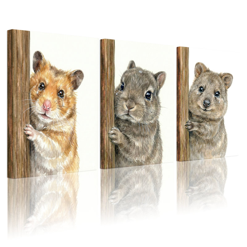 Animaux, trois hamsters qui regardent derrière des poteaux en bois, ensemble de 3 impressions sur toile, H 18 po x l 36 po