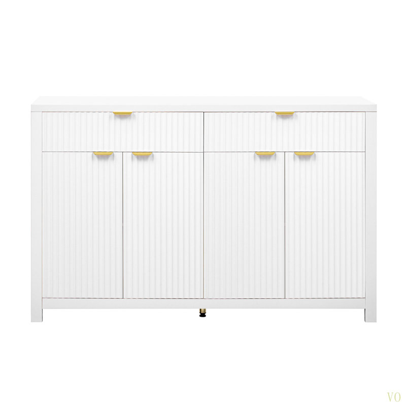 Modern 55.1'' Sideboard Buffet Cabinet With 2 Drawers & 4 Doors, Adjustable Shelves, Wave-Pattern Design, Aluminum Handles, Painted MDF, Scandinavian Storage For Dining Room, Living Room