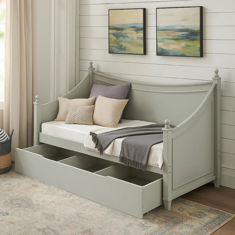 Kiki Twin Daybed With Trundle And Hidden Storage, Light Gray Wood