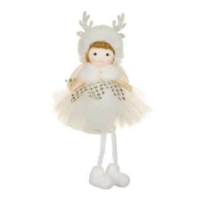 Hangable White Fabric Sitting Cherub Girl Doll with Reindeer Hat Pack of 10