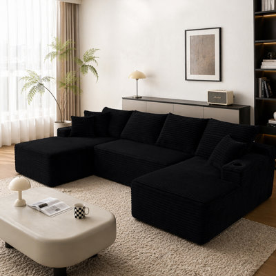 Canapé modulaire 126 po avec méridienne en forme de U, poches latérales et porte-gobelet 126 po, conception modulaire moderne, assise profonde, canapé rembourré pour le salon / la chambre à coucher, aucun assemblage requis Noir