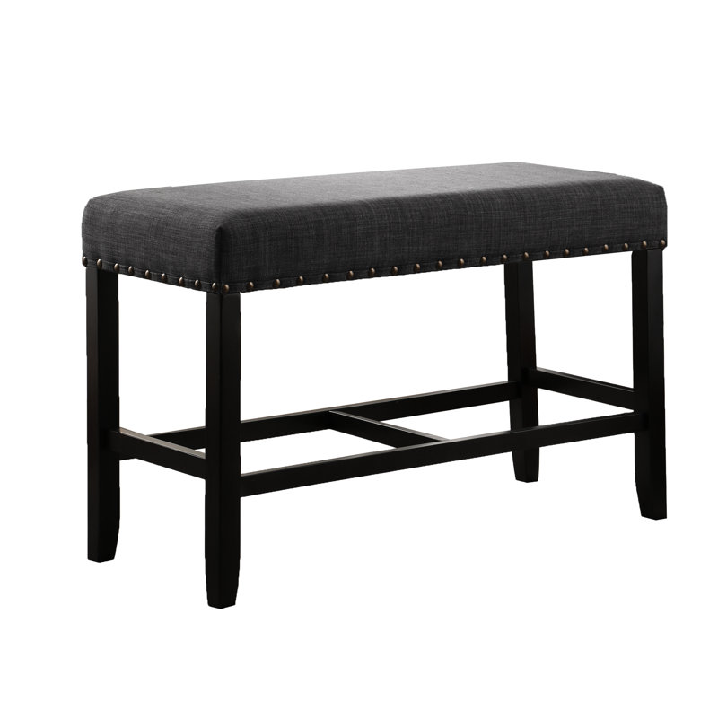 Fabric Counter Height Seat Bench In Grey - Nailhead Trim, Linen & Cotton Cover, Solid Hardwood Legs, 41"W X 16.5"D 25.5"H Dining Height, Leg Support,