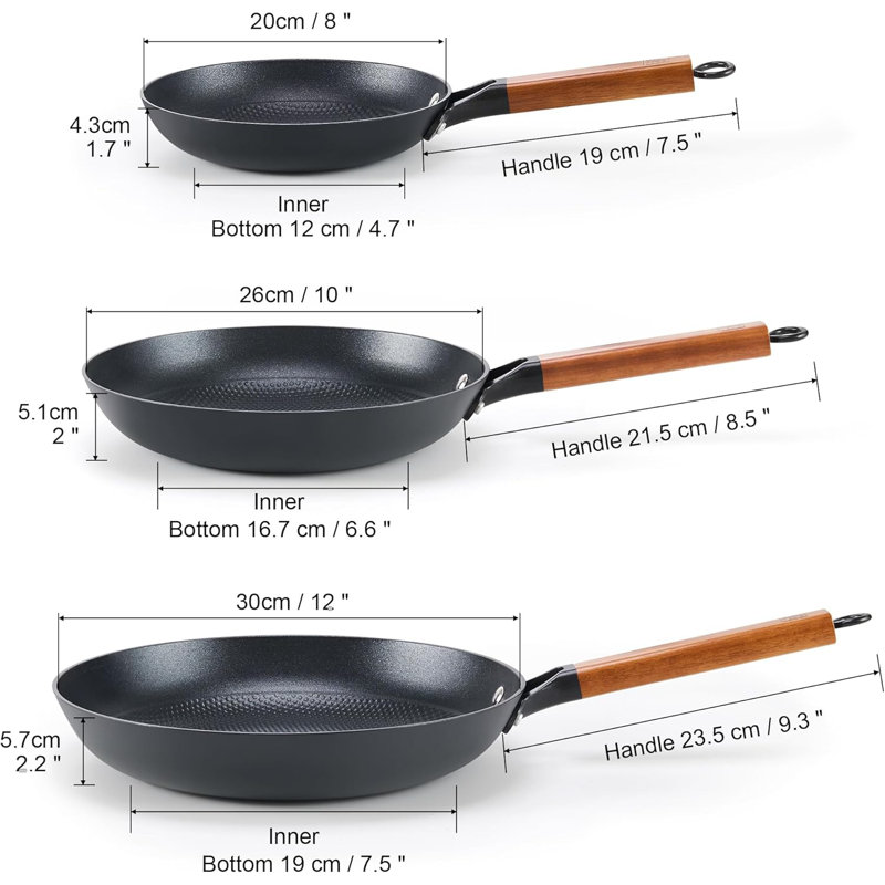 DM Cast Iron 8/10/12 Inch Nonstick Skillets, 3 Piece Frying Pan Set with Detachable Acacia Wooden Handle, Honeycomb Non Stick Omelette Egg Pan, Induction Cookware Easy Clean Oven Safe Pans for Cooking