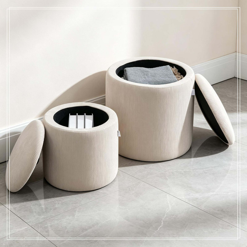 Ensemble de 2 tabourets de rangement en velours côtelé, repose-pieds avec couvercle en bois amovible et espace de rangement caché