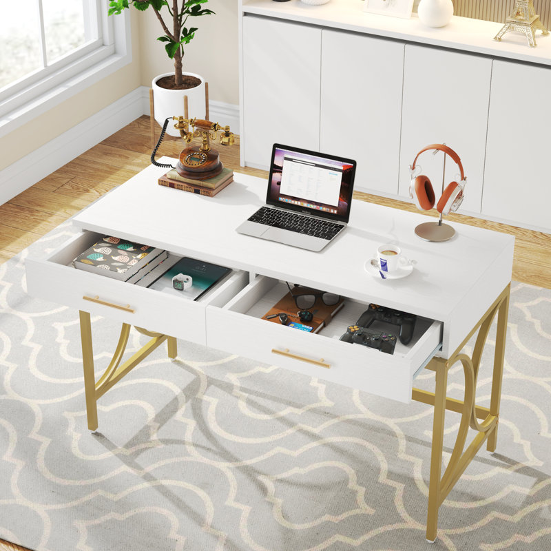 41 in Computer Desk With Two Drawers, White and Gold Modern Study Writing Desk, Gold