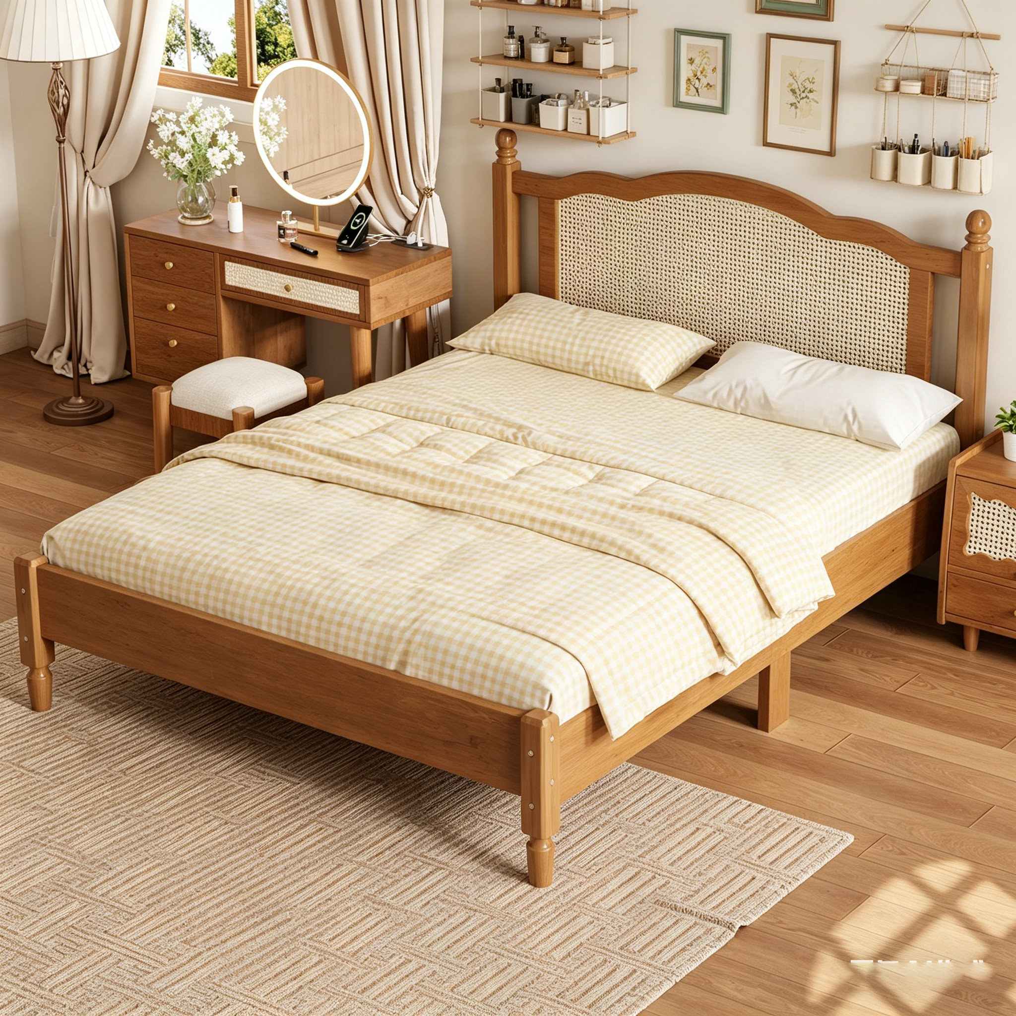 Platform Bed Walnut Back Rests Latitude Run® Full Size Wooden Platform Bed With Natural Rattan ...