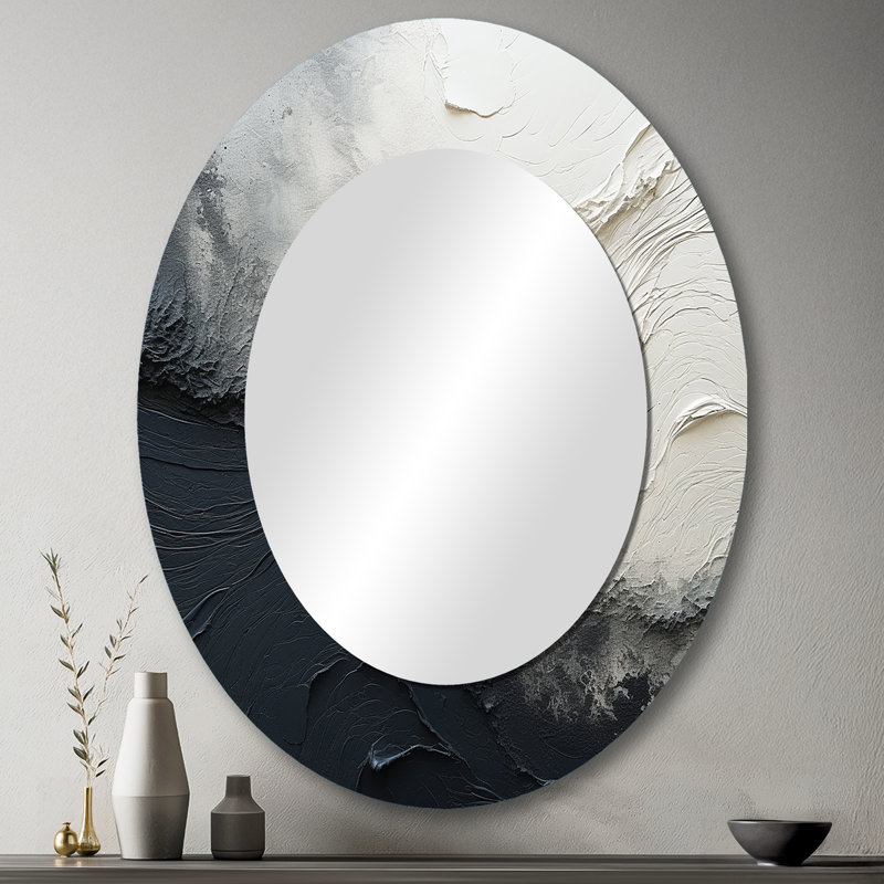 Minimalisme noir et blanc peinture vague I - miroir mural ovale côtier, 43 po x 33 po