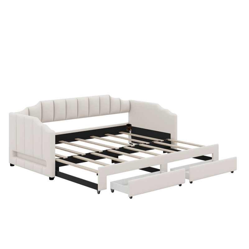 Twin XL To King Extendable Upholstered Daybed With 2 Storage Drawers And LED Light, Beige