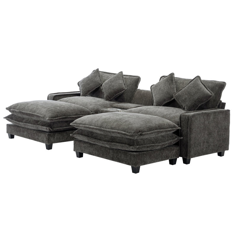 Grey 111" Sectional Upholstered With Two Removable , Double Cushion, Cup Holders, Ports And Storage Box Chenille 4 Pillows, Charging Hidden For Comfortable Living