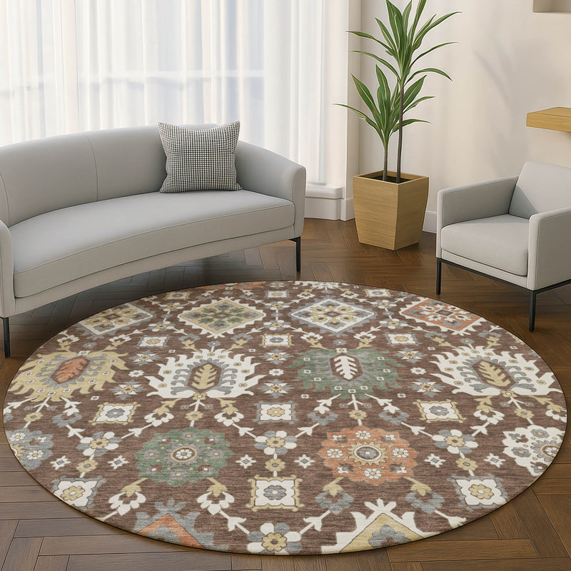 Premium Machine Washable Mayfield AMF2200 bohemian Rug, Chocolate, 8' Round