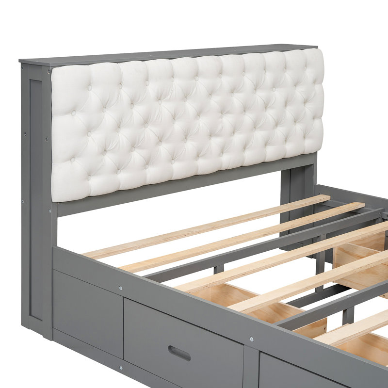 Lit plateforme en bois avec rangement pour chaussures avec tête de lit et 4 tiroirs, Gris