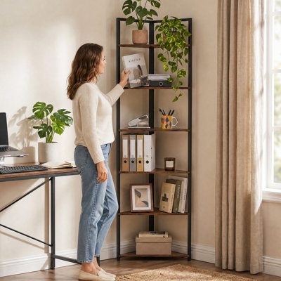 Bibliothèque à 6 niveaux avec structure en métal, étagère de rangement en bois 71,7 "avec tablettes ouvertes - Bibliothèque de présentation industrielle pour le salon, le bureau, la chambre à coucher