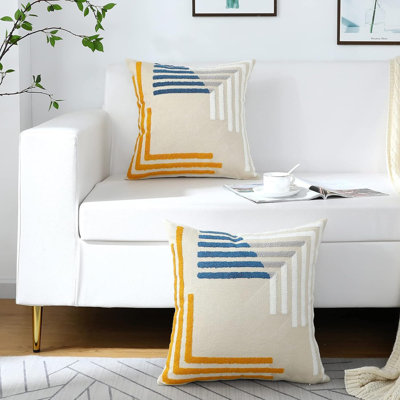 Blue And Yellow Pillow Covers With Embroidered Geometric Pattern
