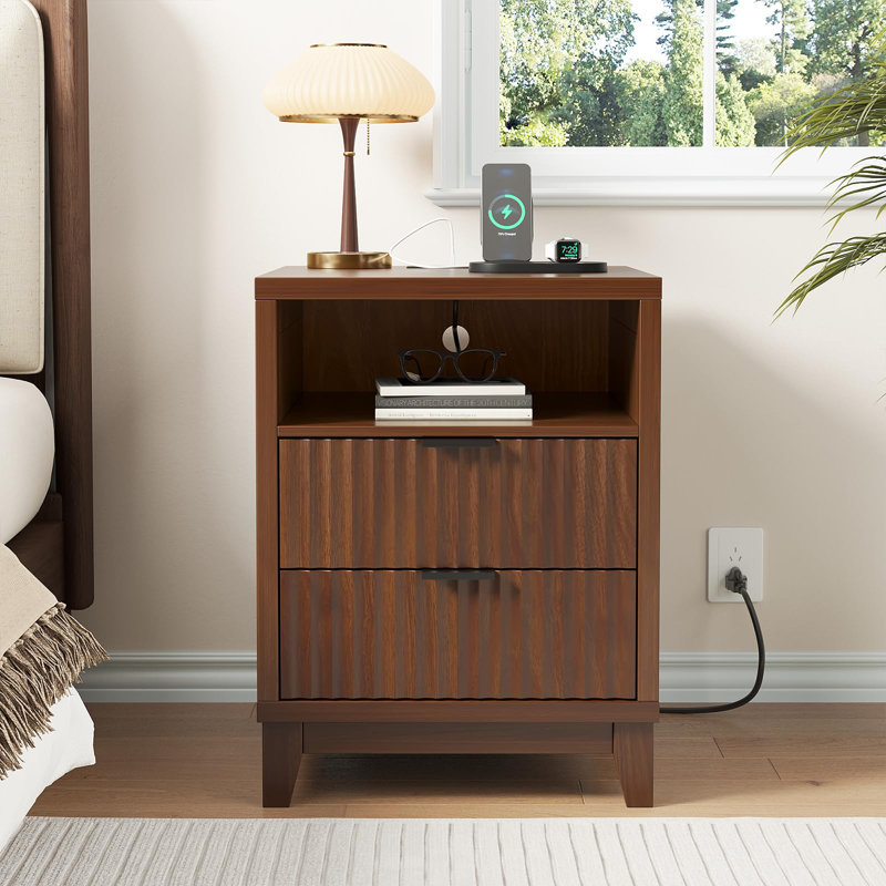 17.7'' Fluted Nightstand With Charging Station, Brown