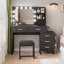 Bureau de maquillage avec coiffeuse, coiffeuse avec miroir et lumières, coiffeuse avec 5 tiroirs et fauteuil-1429863243