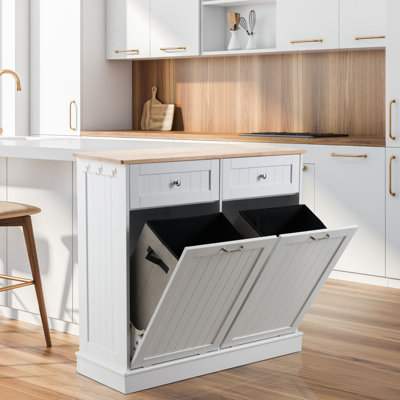 Double Tilt Out Trash Cabinet Kitchen Waste Bins, Free Standing Laundry Hamper with Hideaway Drawer Storage Bag, 26 Gallon Pet Proof Trash Can for Living Room