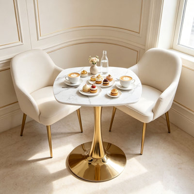 Square Tulip Dining Table for 2-4 Persons, 24 Inch Small Kitchen Table with Sturdy Golden Metal Pedestal Base, Modern Bistro Table for Small Space, Apartment, Cafe, Office, Living Room