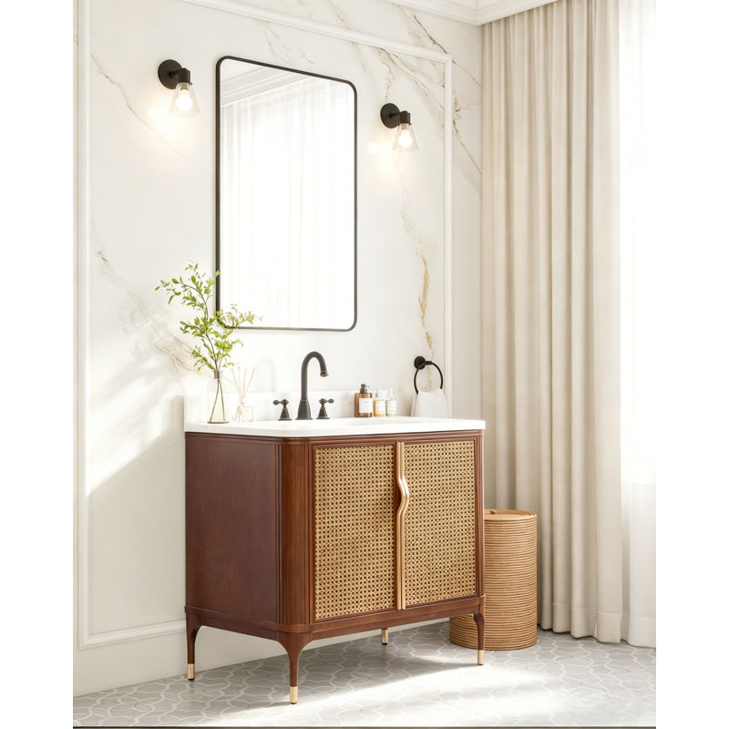 Meuble-lavabo autoportant en bois massif 36 po Mid-Century avec plateau en marbre 36 po, Brun