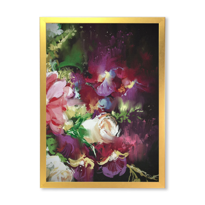 Abstrait bouquet de fleurs roses abstraites - reproduction sur toile, Encadrement doré, H 40 po x l 30 po x P 1,5 po