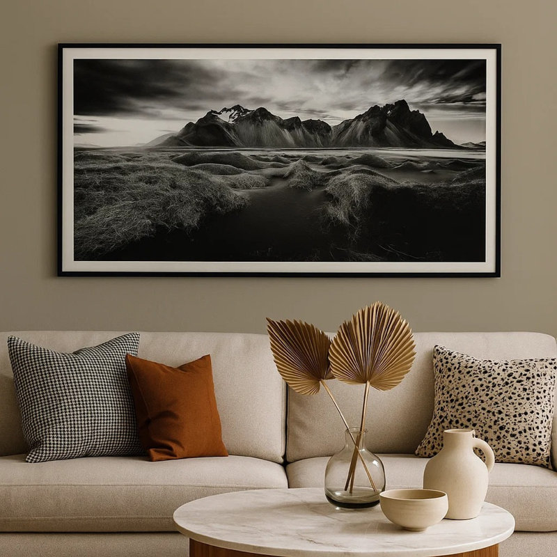 Art mural encadré, impression montagne et rivière, 47 x 87, noir et blanc