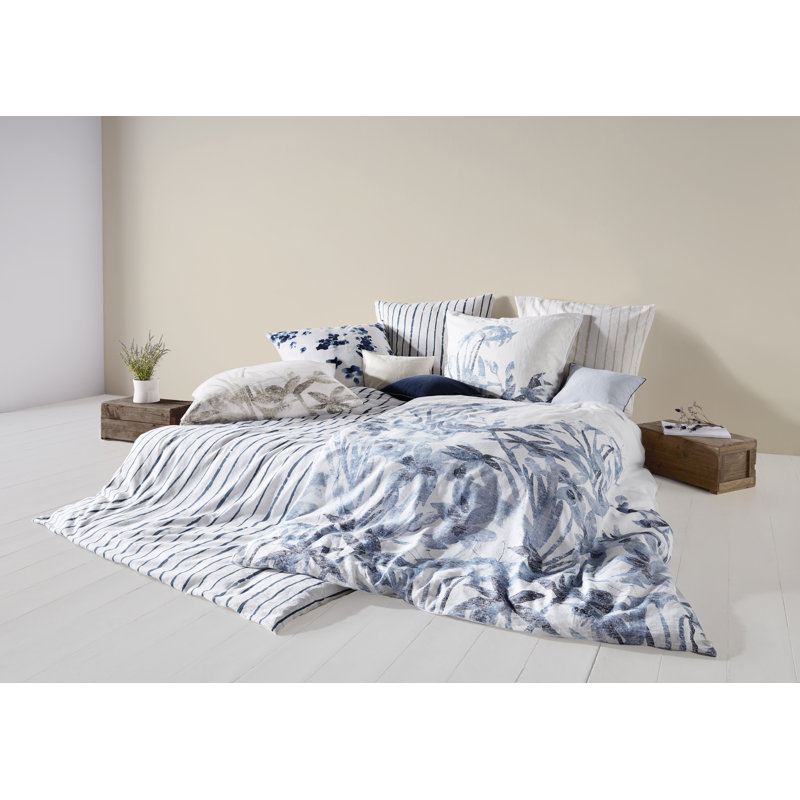 Leinen Cassis Cotton Blend, Linen Striped Duvet Cover Set with Pillowcases, Blue, Single - 1 Pillowcase (80 x 80 cm)