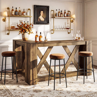 63" L Shaped Bar Table, Corner Counter Height Table with X-shaped Support