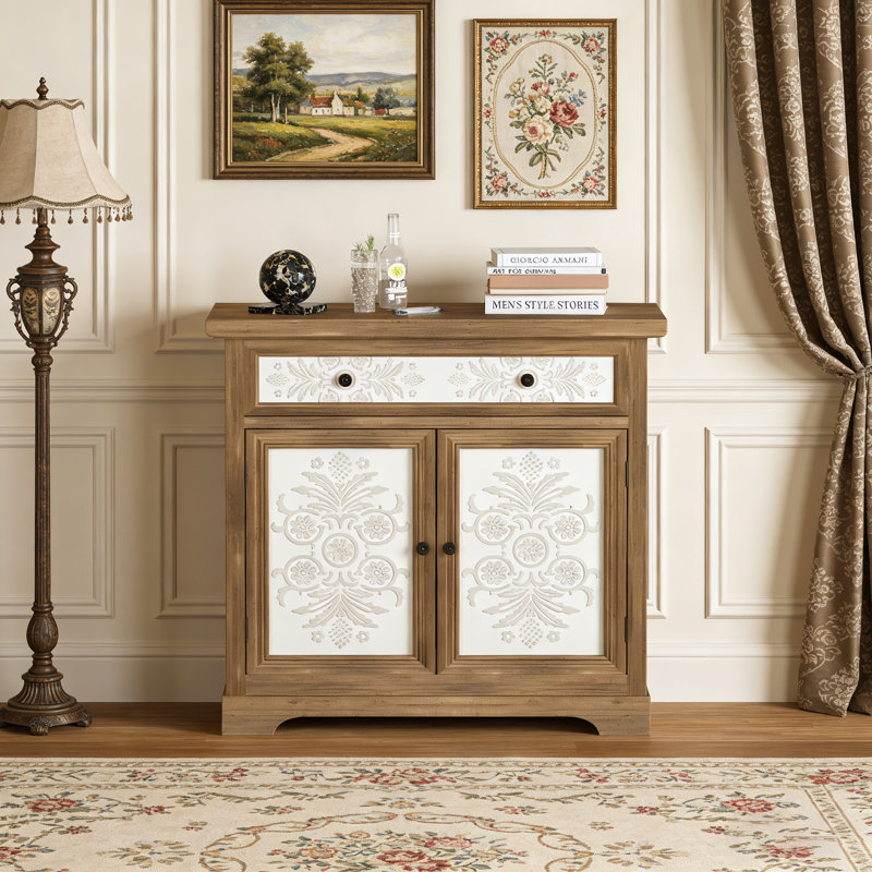 Rustic Vintage Accent Cabinet With Carved Floral Panels, Distressed Wood Sideboard With Drawer & Doors