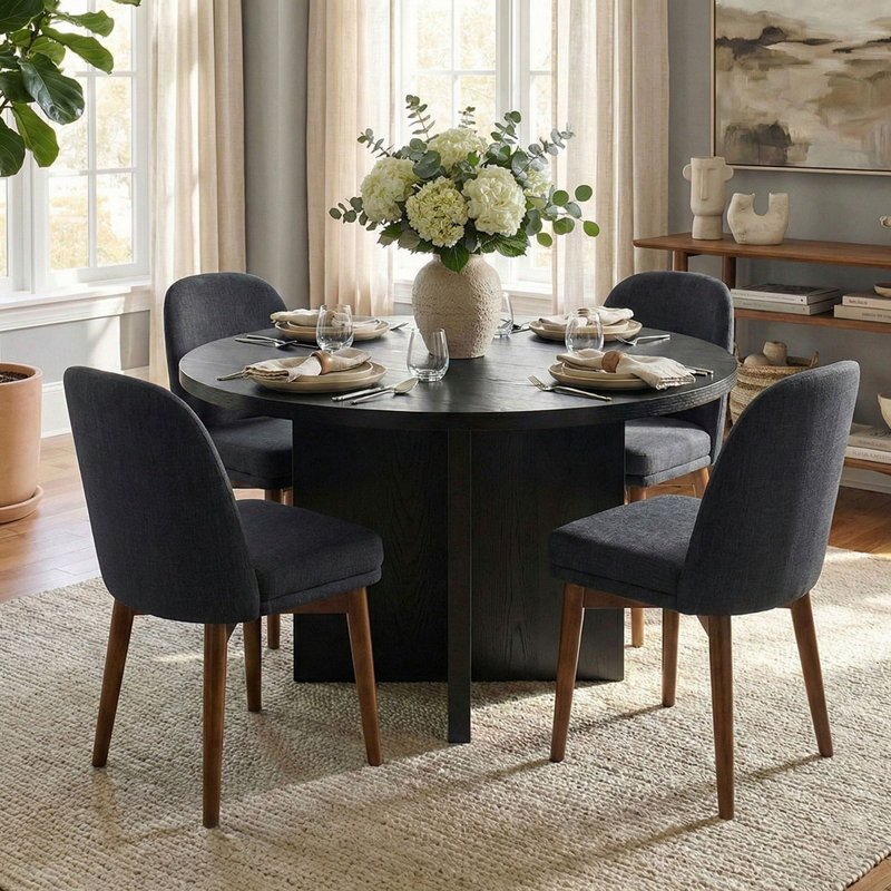 5-Piece Dining Set for 4 with 52" Round Black Dining Table and 4 Upholstered Dining Chairs, Charcoal